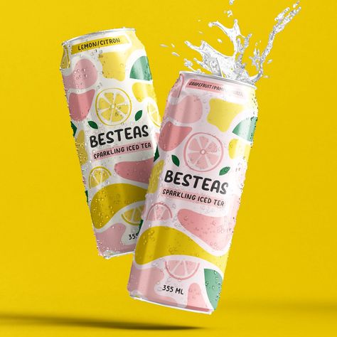 Packaging design for BesTeas! A sparkling iced tea brand. If you're in need of a logo or branding contact me! Ice Tea Branding, Ice Tea Packaging Design, Beverage Design Packaging, Iced Tea Packaging, Ice Tea Packaging, Can Drink Design, Soda Packaging Design, Fruit Tea Packaging, Drink Can Design