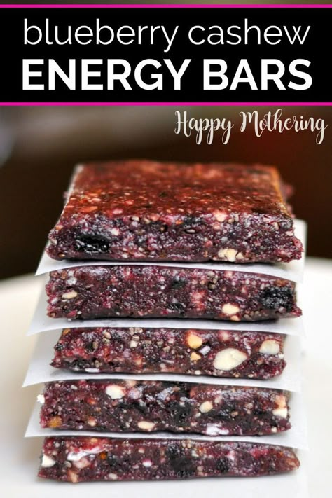 Learn how to make the best homemade Blueberry Cashew Date Energy Bars with chia seeds & coconut flakes in our easy recipe. This healthy no bake treat is a great gluten free breakfast idea for kids and adults. Ditch the store bought protein snacks for this simple DIY superfood treat that's vegan, dairy free and low calorie. #energybars #energybarrecipes #blueberries #blueberryrecipes #glutenfree #dairyfree #vegan #snacks #breakfastideas #nobake #easyrecipes #nobakerecipes #forkids #healthydessert Date Energy Bars, Healthy No Bake, Energy Bars Recipe, Healthy Snack Bars, Energy Ball Recipe, Healthy Bars, Gluten Free Breakfast, Breakfast Idea, Blueberry Recipes