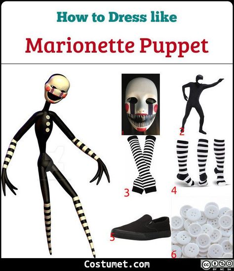 The Puppet's costume includes black full-body tights white striped arm and leg warmers or socks. His chest is also adorned with three white buttons. Cop FNAF'S Puppet o Marionette mask to complete the outfit.           #FiveNightsatFreddys #male #cartoon #scary #tv #FiveNightsatFreddys #adult Puppet Fnaf Cosplay, Black Full Bodysuit, Cosplay Ideas, Freddy Costume, Marionette Fnaf, Fnaf Costume, Puppet Costume, Closet Cosplay, Fnaf Cosplay