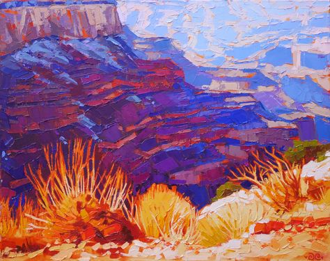 Modern impressionist Jessica Perlstein captures the colorful blue and purple hues of the Grand Canyon landscape as the sun casts light on the plant life of the southwestern desert during the magical golden hour. Grand Canyon Color Palette, Canyon Color Palette, Open Impressionism, Canyon Landscape, Knife Ideas, Abstract Impressionism, Modern Impressionism, Palette Knife Painting, Knife Painting