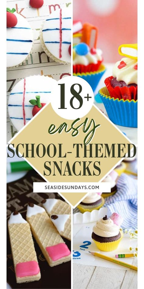 fun school themed snack ideas Fun School Snacks For Kindergarten, Back To School Desserts For Teachers, Back To School Potluck Ideas, Cute School Snack Ideas, First Day Snacks For Students, School Themed Snacks For Kids, Back To School Snack Ideas For Students, Back To School Baking Ideas, Back To School Bash Food Ideas