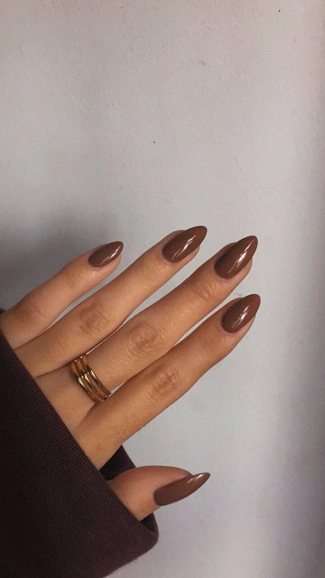 #nail #nailidea #fakenail #naildesign #nailart #nailglitter #acrylicnaildesigns #2025nailtrends #patternnail Brown Nails Outfit, Plain Brown Nails Almond, Brunette Nails Color, Coffee Nail Color, Chestnut Brown Nails, Coffee Almond Nails, Brown Nails For Brown Skin, Coffee Aesthetic Nails, Brown Nails With White Design