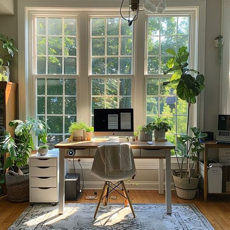 Cozy home office with natural light, green plants, modern desk, comfortable chair, and organized storage solutions. Work Nook, Study Setup, Stylish Home Office, Plant Inspiration, Room Maker, Minimal House, Small Space Office, Cozy Home Office, Office Nook