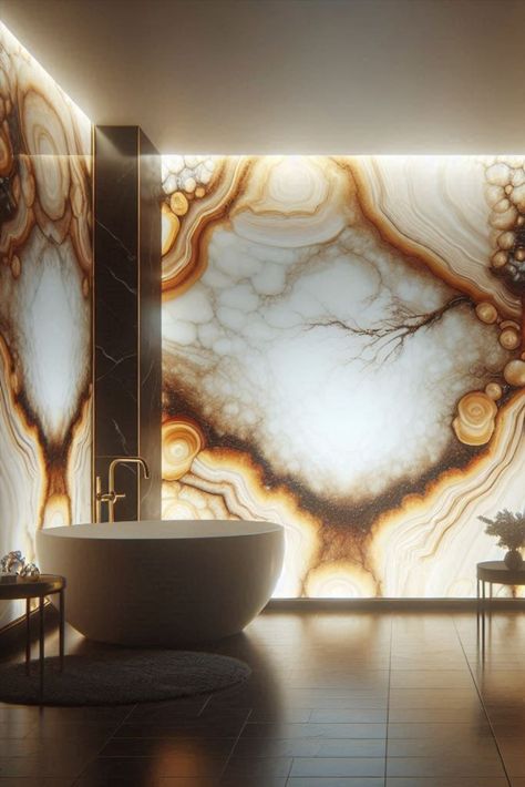 Add drama and luxury with backlit onyx or marble panels. A stunning focal point for high-end bathroom design. #BacklitStone #LuxuryBathroom Backlit Quartzite, Onyx Fireplace, Backlit Stone, Luxury Bathrooms, Big Bathroom, Stone Panels, Fireplace Ideas, Big Bathrooms, Faux Marble