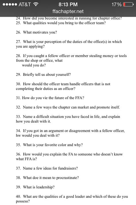 FFA sample leadership officer interview questions Ffa Parliamentary Procedure, Ffa Officer Speech Ideas, Ffa Chapter Meeting Activities, Ffa Officer Retreat, Business Interview Questions, Feminine Etiquette, Ffa Activities, Ffa Fundraiser, Ffa Creed