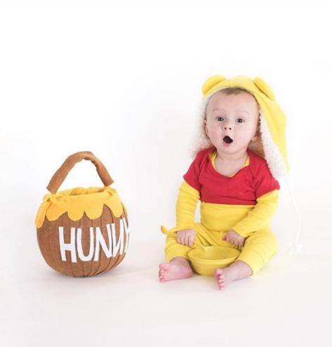 Easy, simple DIY homemade Winnie the Pooh costume idea for baby using super soft basics. All under $25 with fast, free shipping! Hunny Pot Costume, Winnie The Pooh Costumes Diy, Diy Winnie The Pooh Costume, Diy Winnie The Pooh, Pooh Costume, Winnie The Pooh Costume, Pooh Halloween, Winnie The Pooh Halloween, Clothes Simple