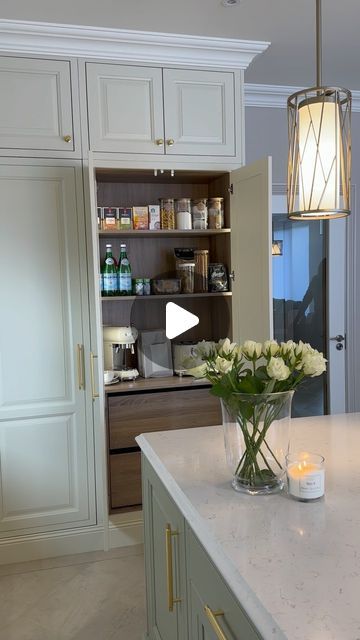 Trevor McDonnell Kitchens on Instagram: "The perfect pantry cupboard at the “ Belleek Manor “ project  . . The cabinets were raised right to the ceiling and coved in for that real seamless finish. This house was so elegant & the tall ceilings were really wow.  . . A large kitchen space. Tall kitchen cabinets. An open plan kitchen. Top of the range appliances with quartz worktop  . . #trevormcdonnellkitchens #luxurylifestyle #luxuryrealestate #newkitchen #goals #interiordesign #tiles #lvtflooring #newbuild #bigbrightkitchen #realestateireland #designerkitchenireland" Modern Cabinetry, Quartz Worktop, Tall Kitchen Cabinets, Kitchen Top, Perfect Pantry, Elegant Kitchen Design, Tall Kitchen, Pantry Cupboard, Raised Right