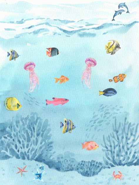 Poster of undersea watercolor scene of fish swimming while dolphins jump above. Perfect for ocean themed rooms. Ocean Themed Rooms, Fish Watercolor, Beautiful Tattoos For Women, Themed Rooms, Underwater Sea, Watercolor Fish, Paintings Watercolor, Ocean Scenes, Canvas Painting Designs