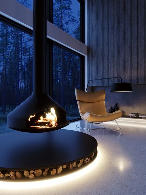 House in the woods on Behance Suspended Fireplace, Expensive Decor, Top Furniture, Bed Sets, Home Decor Online, Fireplace Design, Metal Homes, Best Interior Design, House In The Woods