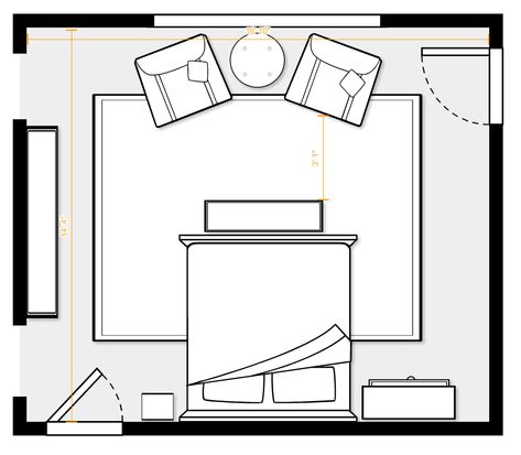 Layout for 16'10" x 14'4" room. Includes king-sized bed, 9' x 12' area rug, two 32" w x 36" d chairs, 14" deep bench @ foot of bed. Big Bedroom Layout Floor Plans Master Suite, Bedroom Setup Ideas Layout Floor Plans Master Suite, King Size Bed Measurements Master Bedrooms, Renter Upgrades, Primary Aesthetic, 16x20 Master Suite Plans, Master Sweet Bedroom Layout, Small Room Layouts, Large Floor Plans