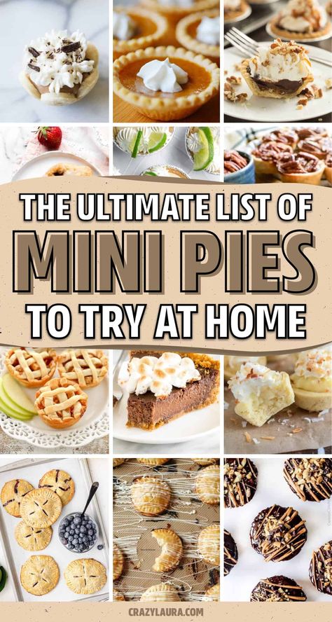 If you want all the delicious flavor of your favorite pie but want to make them into small single serve portions, check out these super tasty and creative mini pie recipe ideas and tutorials! Assorted Mini Pies, Tartlet Recipes, Mini Pie Recipe, Muffin Tin Desserts, Pastry Treats, Mini Pie Maker, Mini Pie Crust, Mini Pie Recipes, Pastry Ideas