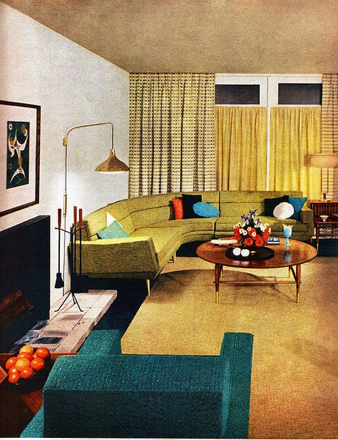 What I like here is the interest added by having two cutain colors at different hieights allowing natural light even when they are closed while maintaing  privacy. Okay, fine, I like everything else too! Living for Young Homemakers March 1956 by sandiv999, via Flickr Sala Vintage, Mid Century Modern Interior Design, Mid Century Interior, Retro Interior Design, Interior Vintage, Vintage Architecture, Vintage Interior Design, Mid Century Living, Mid Century Living Room