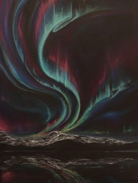 Color Pencil Art Black Paper, Chalk Art Black Paper, Sketches Black Paper, Northern Lights Chalk Art, Soft Pastel Art On Black Paper, Soft Pastel Black Paper, Colored Pencil Drawing On Black Paper, Colored Pencils On Black Paper, Northern Lights Drawing Pencil