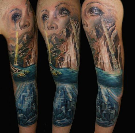 Lost city of Atlantis memorial Atlantis Tattoo, Waterfall Tattoo, Tattoo Sites, See Tattoo, Monkey Tattoos, Kunst Tattoos, City Tattoo, Full Body Tattoo, Full Sleeve Tattoo