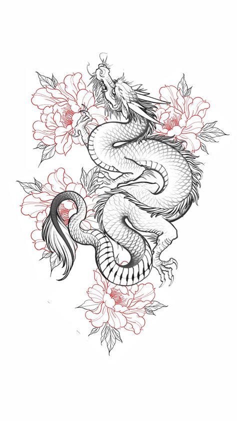 Dragon And Peony Tattoo, Chinese Theme Tattoo, Traditional Japanese Dragon Tattoo Designs, Earth Dragon Tattoo, Feminine Dragon Tattoo For Women, Dragon Tattoo With Flowers, Cool Nature Tattoos, Black Dragon Tattoo, Blossom Tree Tattoo