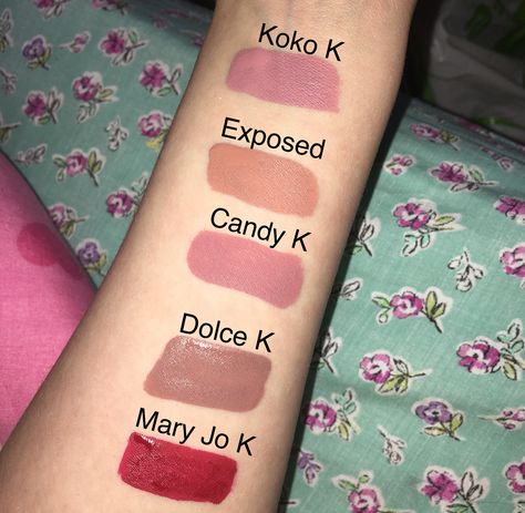 Kylie Cosmetics Swatches in shades Koko K, Exposed, Candy K, Dolce K and Mary Jo K. 👄   #KylieCosmetics #KylieJenner #KylieLipKit #LipKit #Lipstick #Makeup #KokoK #Exposed #CandyK #MaryJoK #DolceK Kylie Cosmetics Store, Kylie Cosmetics Lip Kit, Kylie Lipkit, Koko K, Kylie Lips, Kylie Lip Kit, Lips Shades, Holiday Makeup, Lip Kit