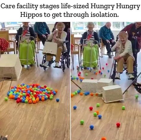 One nursing home is combating the loneliness of social distancing by engaging its residents in life-size board games. Bryn Celyn Care Home in Wales attached baskets to long poles, set out a pile of ball pit balls, and had their wheelchair-bound residents act as the "hippos" for a giant version of Hungry Hungry Hippos. Care Home Activity Board, Activities To Do With Nursing Home Residents, Life Size Hungry Hippo Game, Giant Hungry Hippo Game, Occupational Therapy Activities For Elderly Assisted Living, Nursing Facility Activities, Games For Residents In Nursing Homes, Games For Nursing Homes, Nursing Home Group Activities