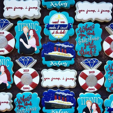 A Titanic bachelorette party is a trend I can get behind . . . . . . #titanic #titaniccookies #titanicparty #bacheloretteparty… Titanic Cookies, Titanic Themed Party, Rose Sugar Cookies, Titanic Jack And Rose, Titanic Party, Jack And Rose, Titanic Museum, Titanic History, Graduation Ideas