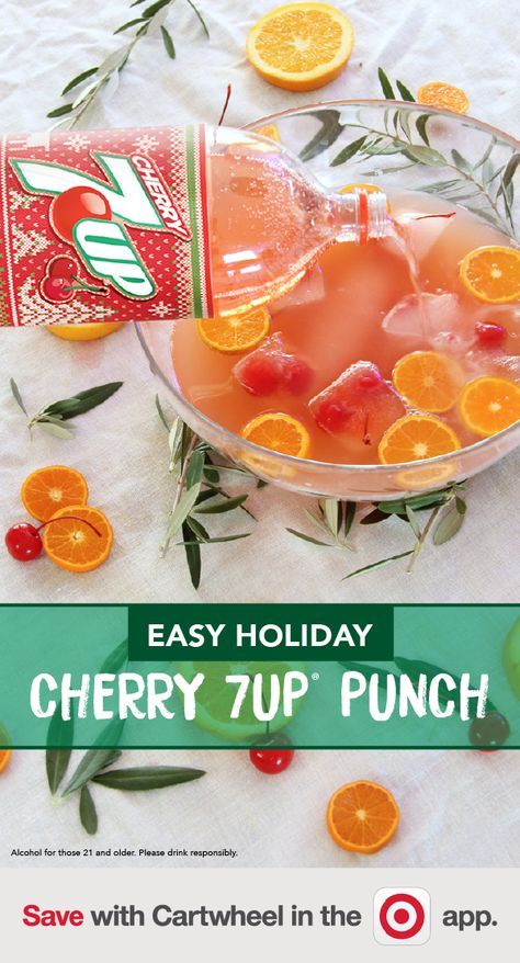 What better way to celebrate the holiday season than with this Easy Holiday Cherry 7UP® Punch? Homemade cherry ice cubes and fresh citrus slices decorate this fizzy drink made with Cherry 7UP® and Canada Dry® Cranberry Ginger Ale. Save on Canada Dry and 7UP with Cartwheel, now in the Target app. Punch With Cherry 7 Up, Cherry 7up Alcoholic Drinks, Cherry 7up Punch, 7 Up Punch, 7up Punch, Cherry Punch, Cranberry Ginger Ale, Citrus Slices, Punch Drinks