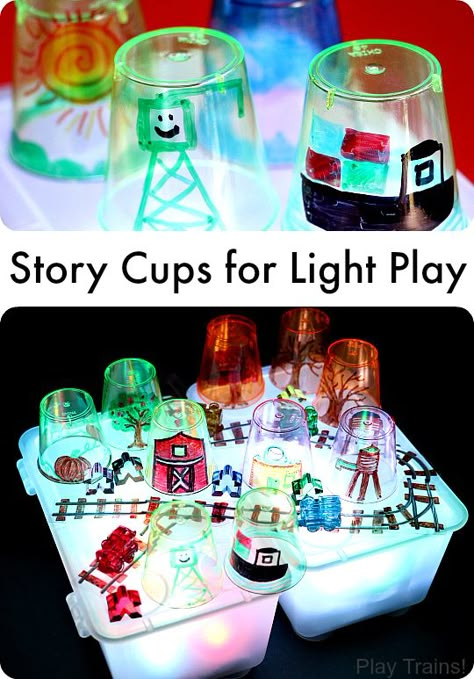 DIY Story Cups for Light Play -- fun for light table storytelling or pretend play from Play Trains! Diy Box Ideas, Light Box Activities, Box Ideas For Kids, Kids Light, Table 19, Light Board, Sensory Table, Preschool Science, Play Based Learning