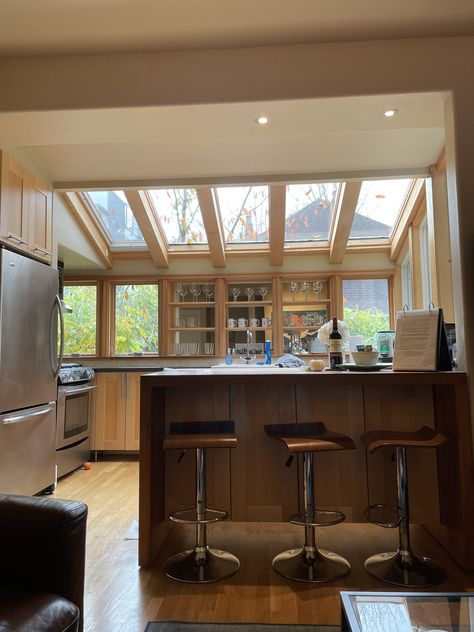 Mirror behind shelves helped make space appear larger. Airbnb I stayed at in Seattle. Skylight over kitchen helped brighten the space. Roof Light Kitchen, Kitchen With Skylight, Airbnb Ideas, Skylight Kitchen, Kitchen Help, Sun Roof, Glass Roof, Kitchen Nook, The Space