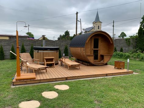 Garden Sauna And Hot Tub, Nordic Hot Tub, Hot Tub Sauna Combo, Spa Decking Ideas, Barrel Sauna Backyard, Sauna And Hot Tub Outdoor, Barrel Sauna Landscaping, Sauna Hot Tub Combo Outdoor, Outdoor Sauna And Hot Tub