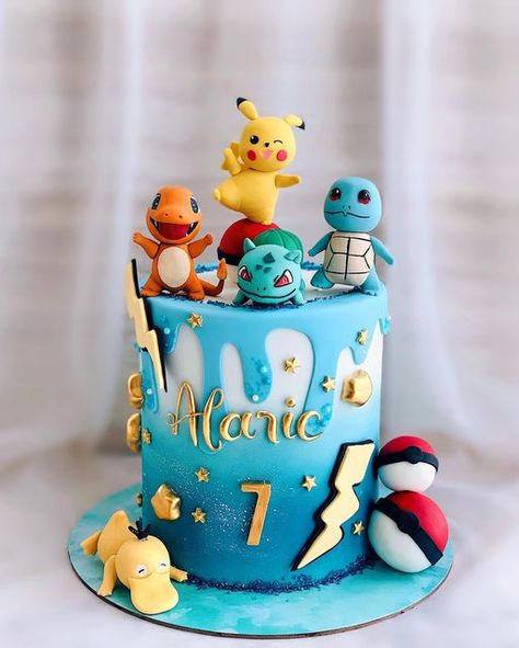 Blue Pokemon Cake, Pokemon Cake Design, Boys 7th Birthday Cake, Pokémon Birthday Cake Ideas, Pokemon Cakes Ideas, 6th Birthday Cake Boys, Dort Pokemon, Cake For Boys Birthday Kids, 5th Birthday Cake Boys