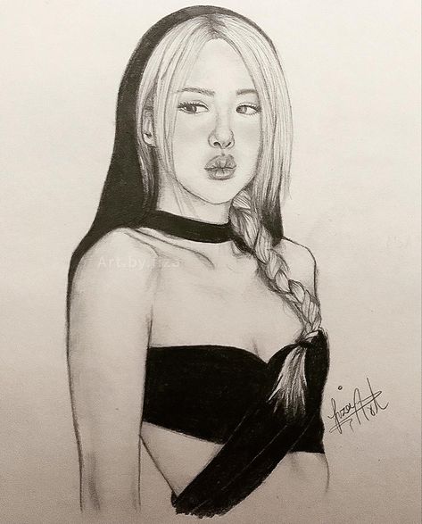 Rose Blackpink Drawing Easy, Blackpink Sketch Easy, Drawing Rose Blackpink, Jisoo Blackpink Drawing, Blackpink Rose Drawing, Rose Drawing Blackpink, Jisoo Drawing, Blackpink Drawing, Blackpink Fanart