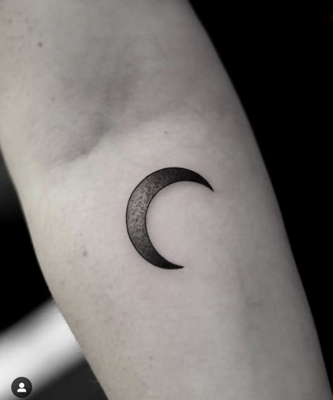 Moon Tattoo Black, Moon Tattoo Inner Arm, Black Crescent Moon Tattoo, Full Moon Small Tattoo, Crescent Moon Neck Tattoo, Small Full Moon Tattoo Designs, Crescent Moon Forearm Tattoo, Black Moon Tattoo, Dotwork Moon Tattoo