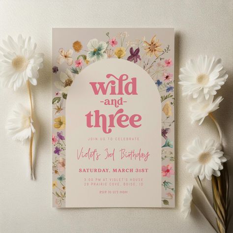 Wild and Three Wildflower Birthday Invitation Template | Editable Our Little Wild Flower is Three Girl Third Birthday Invite S717 Wildflower Party, Wildflower Birthday, Birthday Invitation Template, Third Birthday, Birthday Invite, Wild Flower, Wedding Basket, 3rd Birthday, Invitation Paper