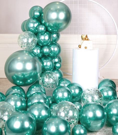 PRICES MAY VARY. [ Package Included ] - 20pcs 5 inch metallic green balloons, 25pcs 12 inch metallic green balloons, 2pcs 18 inch metallic green balloons, 5pcs green confetti balloons, 1 garland strip, 1 ribbon, and 1 dot glue [ Unique Combination ] - This is a new combination of different sizes of metallic turquoise balloons and green confetti balloons. It's unique and beautiful, and will make your party even more exciting and fun [ Applicable Scene ] - These metallic green balloons set can wid Aqua Balloon Decorations, Tiffany And Co Party Decorations, Tiffany Themed Birthday Party, Teal Sweet 16, Mint Party Decorations, Turquoise Balloons, Tiffany Birthday Party, Mint Party, Teal Party