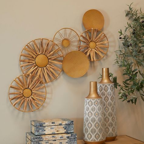 "Get the Brown Metal Plate Wall Decor with Textured Pattern 43\" x 2\" x 19\" at Michaels. com. Give your home a personalize touch and bring your creative vision to life. Decorate with ease with our eclectic range of home decor. Decorate with fun with Iris And Ivory Designed with a natural influence for a timeless style that brings a cozy and organic feel to the home. Round abstract wall decor crafted of dried hyacinth and solid iron material. Features a brown finish that goes really well with n Decor For Dark Walls, Dark Color Background, Simple Room Decoration, Abstract Metal Wall Art, Hand Painted Textures, Colour Background, Wall Decor Crafts, Plate Wall Decor, 3d Wall Decor