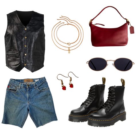 Black leather vest with gold buttons 
red leather shoulder bag
medium wash Bermuda cutoff shorts 
Black Jadon Dr. Martens 
Layered gold necklace set with pearls 
Red heart dangle earrings 
Oval gold frame vintage sunglasses Vest Shorts Outfit, Inspo Fits, Outfits Shorts, Denim Shorts Outfit, Denim Set, Set Outfits, Short Heels, 2024 Style, Short Vest