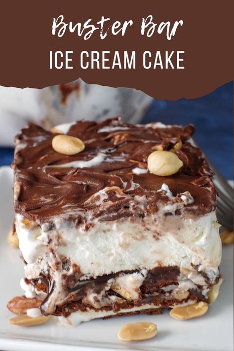 This Buster Bar Ice Cream Cake recipe tastes just like a Dairy Queen buster bar! Quick and easy to make, with layers of ice cream sandwiches, chocolate fudge, vanilla ice cream and chocolate magic shell, this dessert will leave everyone begging for more! Buster Bar Dessert, Desserts Potluck, Buster Bar, Ice Cream Sandwich Dessert, Buster Bars, Pool Snacks, Picnic Desserts, Easy Ice Cream Cake, Chocolate Fudge Sauce