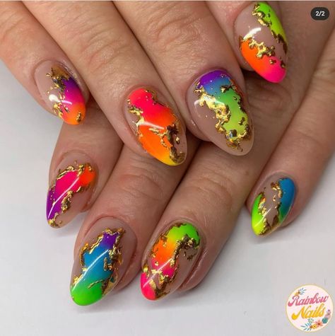 Neon Chrome Nails Designs, Neon Powder Nail Art Designs, Neon Powder Nail Art, Weird Nails, Rainbow Nail Art Designs, Teacher Nails, Boss Nails, Rainbow Nails Design, Easy Nail Art Designs