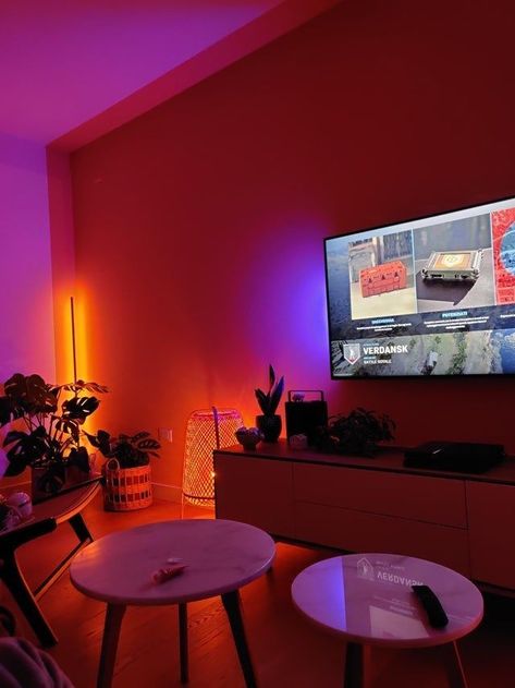 Neon Aesthetic Living Room, Apartment Decor Led Lights, Neon Light Living Room Decor, Neon Light Home Decor, Rgb Apartment, Room Inspo With Tv, Rgb Room Ideas, Smart Tv Aesthetic, Led Light Apartment