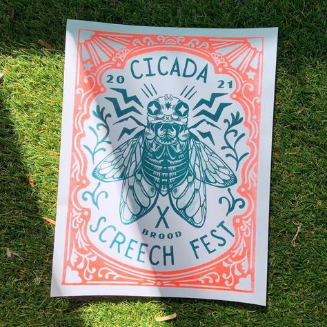 The Reckoning is Upon Us! Celebrate the coming of the Cicadas with this commemorative print, just for the Brood X of 2021. 8.5 x 11 on Cardstock - Florescent Orange and Teal. Entomology Illustration, Cicada Art, Entomology Art, The Reckoning, Screen Printing Art, Riso Print, Screen Printing Designs, Art Business, Stencil Designs