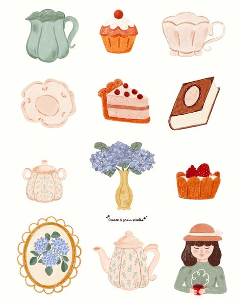 Cottagecore Ideas, Tea Pots Art, Digital Bullet Journal, Fall Clip Art, Spring Illustration, Baking Art, Birthday Illustration, Stickers Kawaii, All My Heart