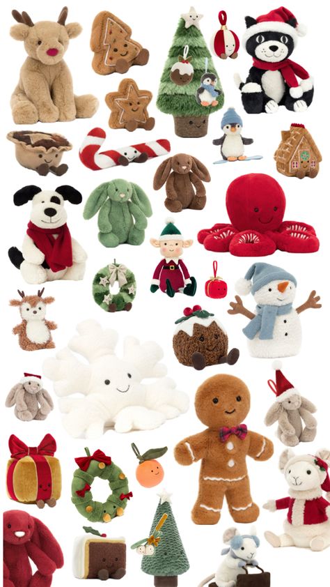 It contains many different jellycats from the Christmas collection Jellycat Stuffed Animals, Cute Stuffed Animals, Comfy Cozy, Christmas Background, Christmas Wishlist, Baby Fever, Christmas List, Needle Felting, Stuffed Animals