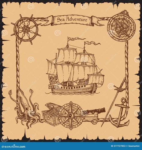 Frame Sketch, Halloween Cutouts, Vintage Pirate, Rope Frame, Pirate Art, Sketch Illustration, Screen Savers, Powerpoint Presentation, Framed Artwork