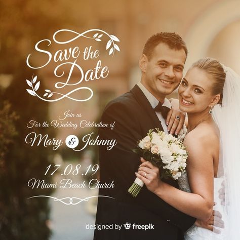 Wedding invitation template with photo P... | Premium Vector #Freepik #vector #wedding #wedding-invitation #invitation #party Engagement Photo Invitations, Wedding Card With Photo, Engagement Invitation Card Design, Picture Invitations, Digital Wedding Invitations Design, Engagement Invitation Cards, Floral Wedding Stationery, Free Wedding Invitation Templates, Free Wedding Invitations