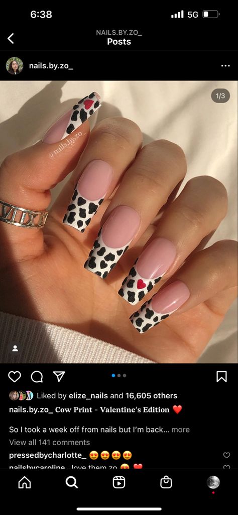 Cowgirl Valentine Nails, Red And Black Cow Print Nails, Valentines Nails Western, Heart Cow Print Nails, Valentines Cow Print Nails, Cow Valentines Nails, Western Valentines Day Nails, Cow Print Valentine Nails, Red Cow Nails