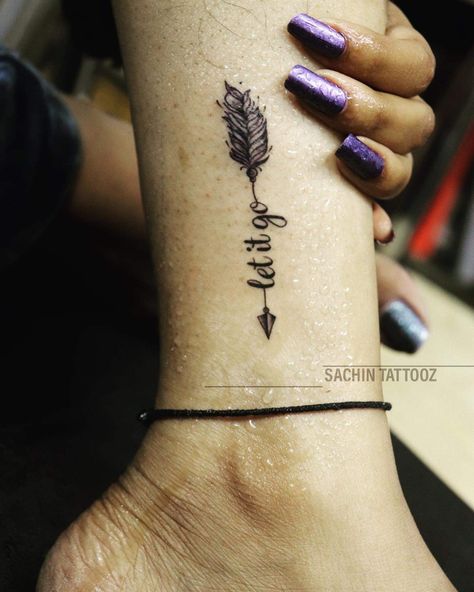 Let It Be Arrow Tattoo, Let It Go Tattoo Ideas, Karan Tattoo, Calm Tattoo Ideas, Let It Be Tattoo Ideas, Let Them Tattoos, Let Go Tattoo, Arrow Tattoo Ideas, Let It Go Tattoo