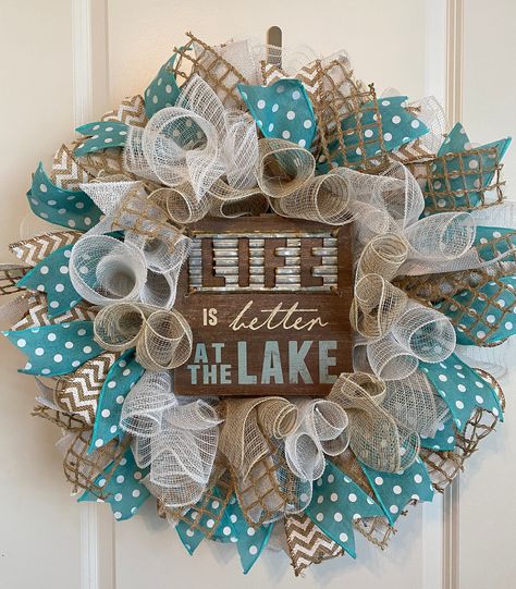 Lake Wreath For Front Door, Lake House Wreaths Front Doors, Coastal Rag Wreath, Burlap And Blue Wreaths, Sea Side Wreath, Lake Theme, Wreath Inside, Coastal Farmhouse Wreaths & Garlands, Coastal Wreath