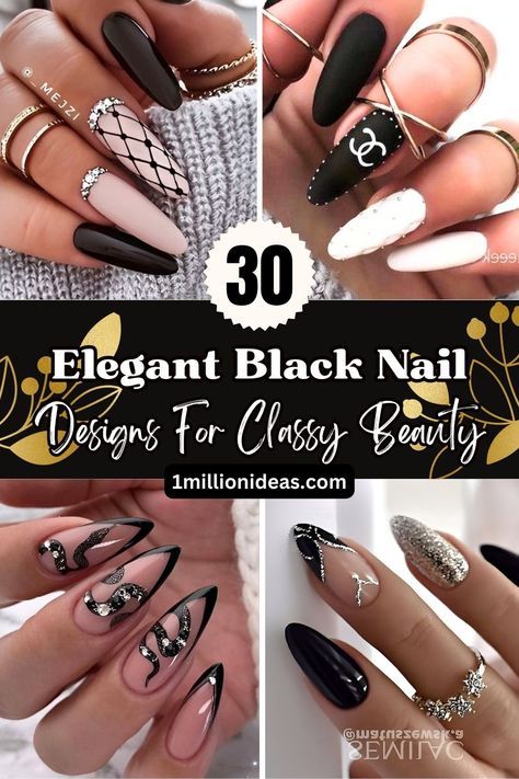 30 Elegant Black Nail Designs For Classy Beauty Matte Black Nail Designs Coffin, Elegant Nail Designs Black, Elegant Acrylic Nails Classy Almond, Black White Wedding Nails, Black Elegant Nails Coffin, Black Nails Trendy 2023, Black And Natural Nail Designs, Black Nails For New Years, Elegant Black Nails For Wedding