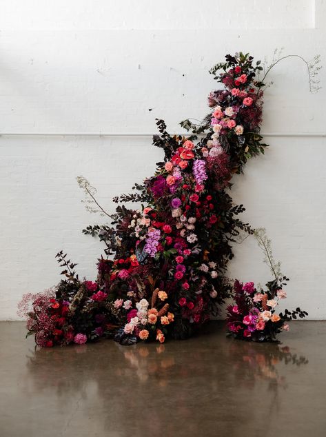 Floral ceremony backdrop at The Wool Mill, created by Anatoy of Flowers. Warehouse Wedding Ceremony, Gem Tones Wedding, Floral Ceremony Backdrop, Floral Ceremony, Modern Warehouse, Edgy Wedding, Floral Installations, Jewel Tone Wedding, Warehouse Wedding