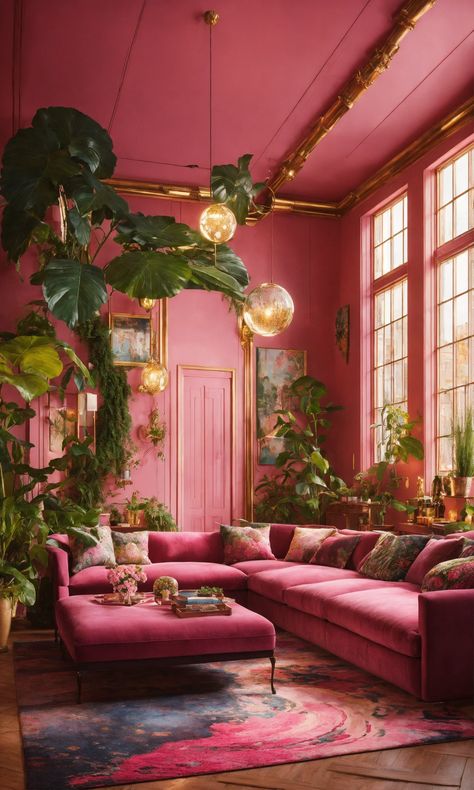 Lexica - Architectural Digest photo of a maximalist black and pink solarpunk living room with lots of flowers and plants, golden light, hyperrealisti... Modern Maximalist Interior Design, Colourful Lounge, Pink Dining Rooms, Romantic Interior, Living Room Plants, Aesthetic Living Room, Pink Living Room, Hotel Reception, Interior Wall Decor