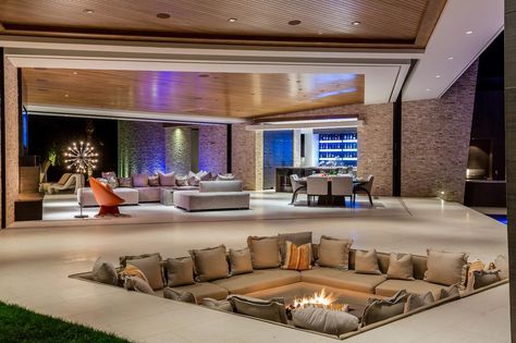 Bar Lounge Seating, Modern Desert Home, Entrance Home, Sunken Fire Pits, Sunken Living Room, Contemporary Patio, Open Concept Home, Home Entrance, Outdoor Entertaining Spaces