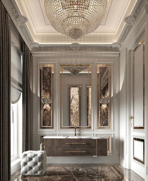 Chandelier Washroom, Luxury Bathroom Design Master Baths, Classic Wardrobe Design, Washroom Storage, Classical Bathroom, Neoclassical Interior Design, Classic Bathroom Design, Neoclassical Interior, Bathroom Decor Luxury