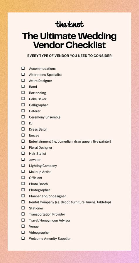 We're diving into all the categories of vendors needed for wedding planning so you can craft a list of wedding vendors for your specific needs and priorities. Consider this your ultimate wedding vendor list template. Then head over to The Knot Vendor Marketplace to find and book your wedding team. List Of Wedding Vendors, When To Book Wedding Vendors, Wedding Priorities List, List Of Signs Needed For Wedding, Vendor List Template, Vendor Checklist, Wedding Vendor List, Complete Wedding Planning Checklist, Wedding Vendors Checklist